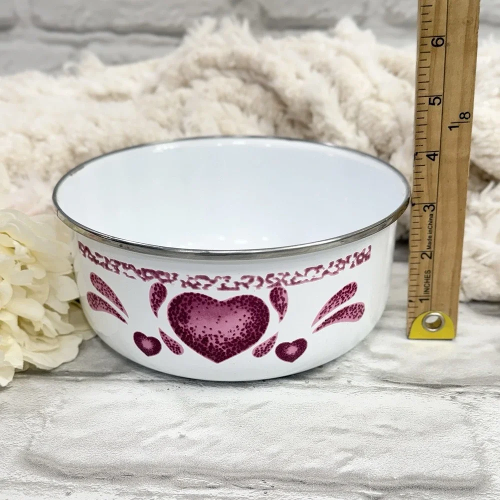 Vtg Pink & White Sponge Heart Enamel Mixing Nesting Bowl Set Of 3 Farmhouse Nice
